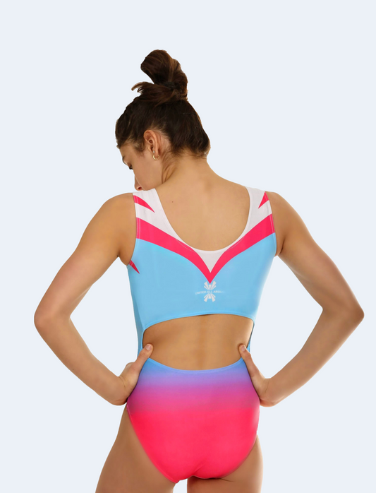 Ombre Open-Back Gymnastic Leotard With Swirling Effect In Blue and Fuchsia #677