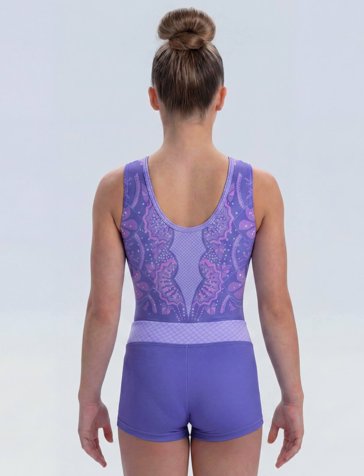 Purple Mosaic Sleeveless Gymnastics Leotard with Matching Shorts