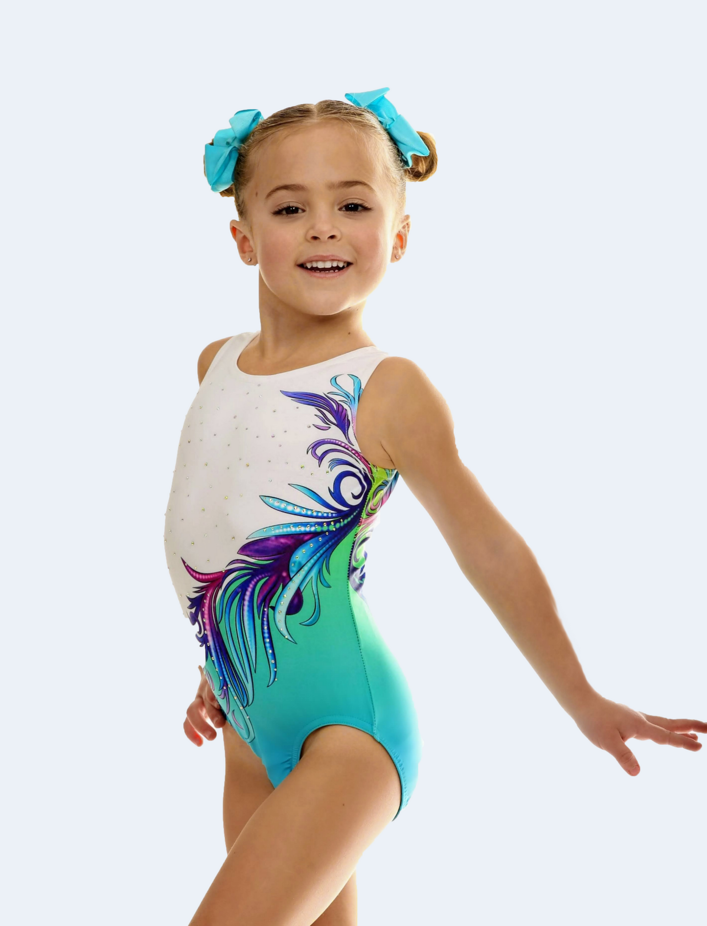 Elegant Teal and White Girls Gymnastic Leotard with Asymmetrical Ombre Design #505