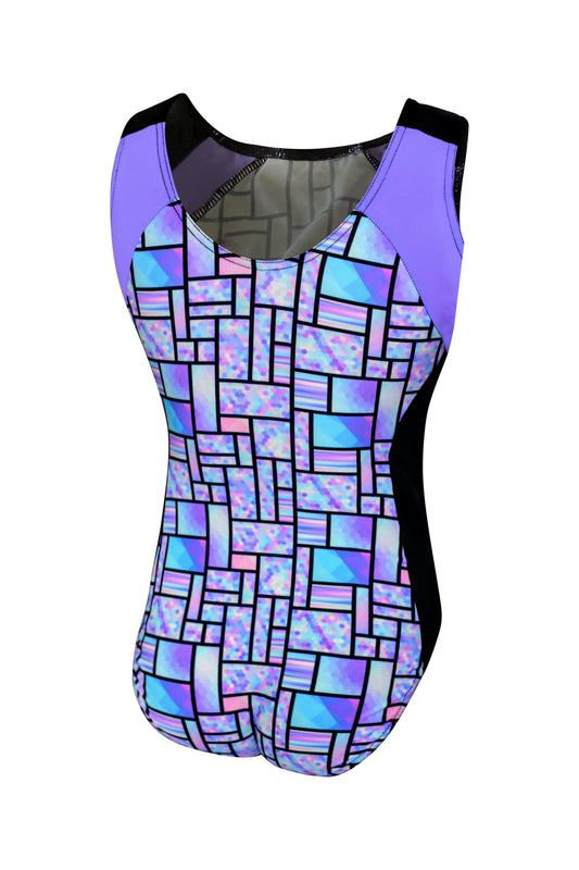Geometric Abstract Multicolored with Black Mystique Gymnastics Leotard #325